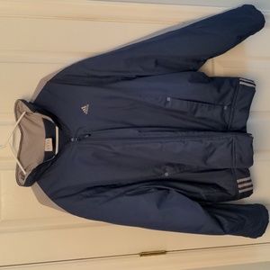 Adidas USA Large coat w / snap on hood. Blue w grey trim